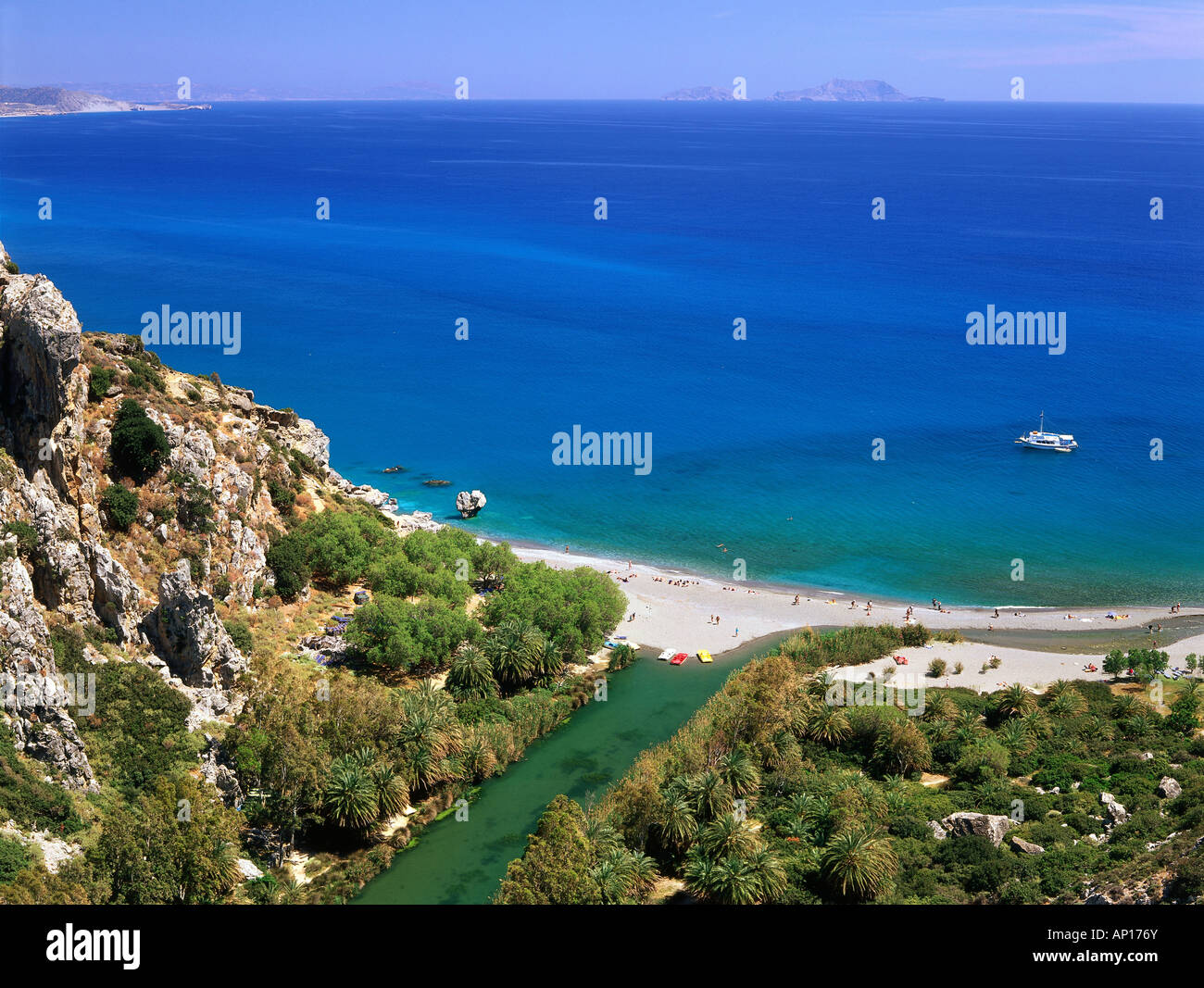 Mündung des Megalopotamos Flusses, Preveli Beach, Kreta, Griechenland Stockfoto