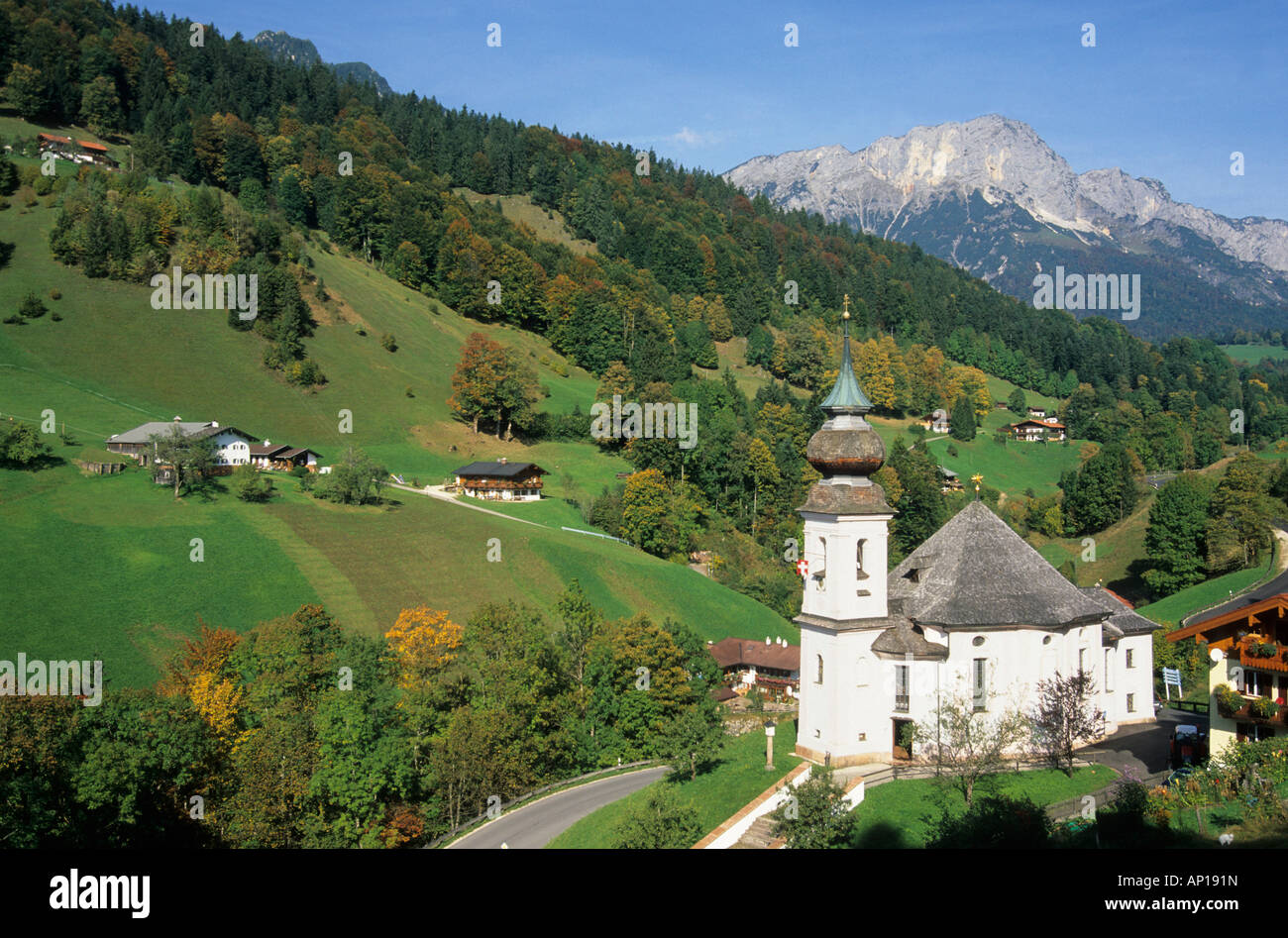 Kirche Maria Gern mit Untersberg, Berchtesgaden Range, Oberbayern, Bayern, Deutschland Stockfoto