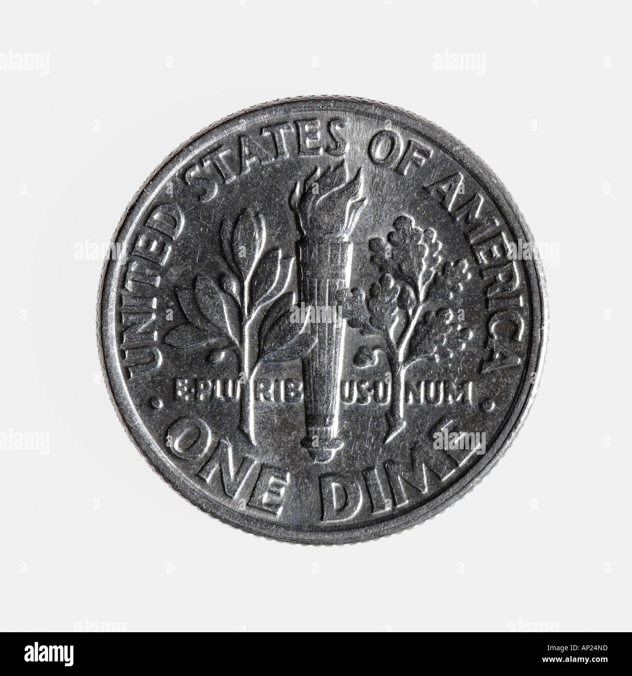 Zehn-Cent-Münze auf weißem Hintergrund U S amerikanische Währung Dollar Cent-siehe Bild nicht. AP24NB für die Vorderseite der Münze Stockfoto