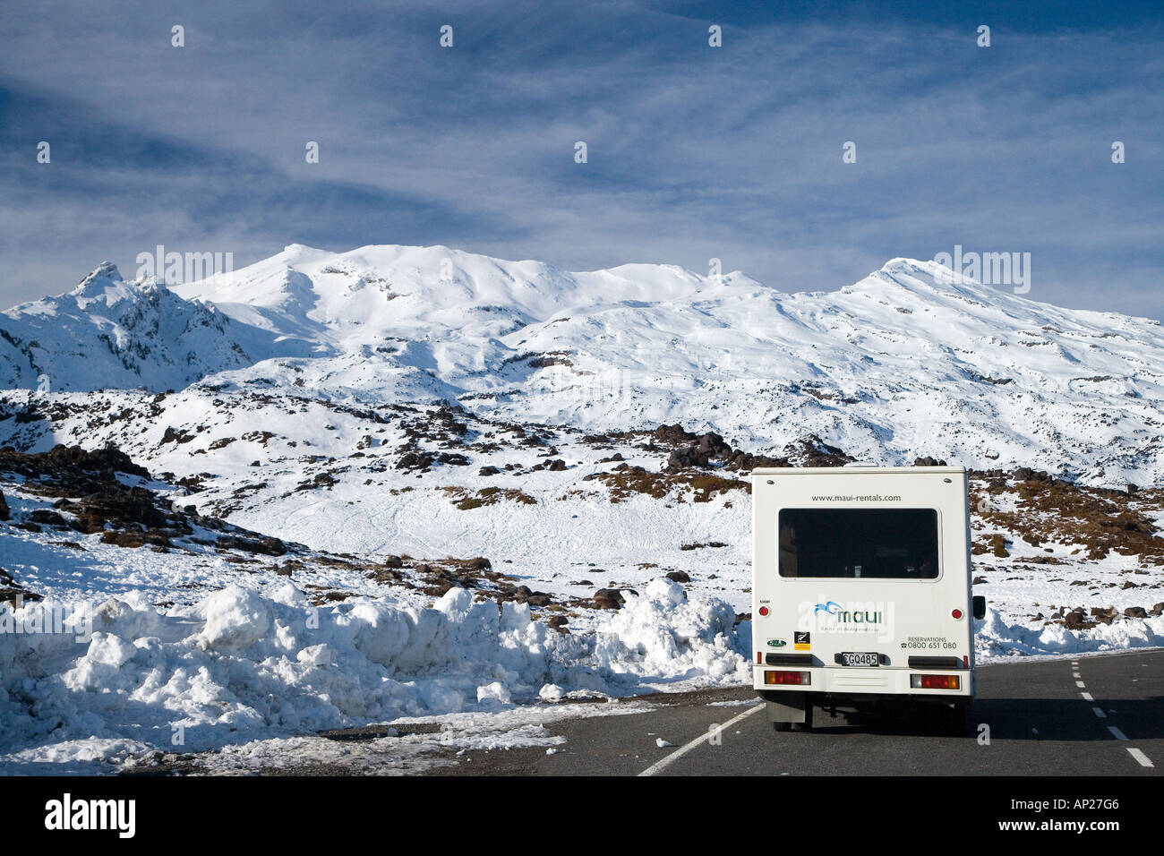 Wohnmobil und Mt Ruapehu Central Plateau Nordinsel Neuseeland Stockfoto