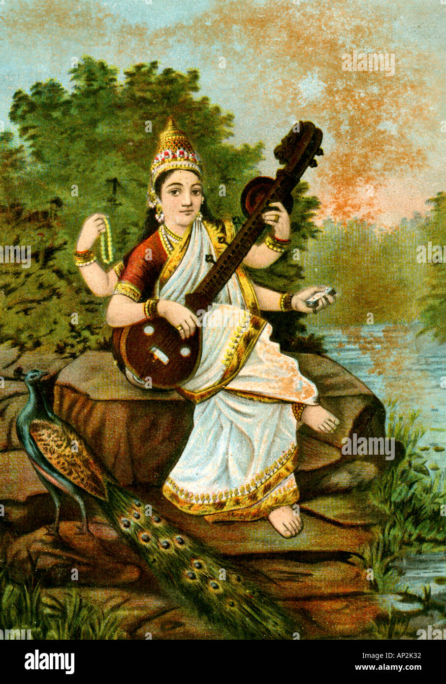 Kunst Mythologie Malerei der indischen Göttin Saraswati mit Musikinstrument Veena und Peacock Gefährtin von Lord Brahma Indien Asien Stockfoto