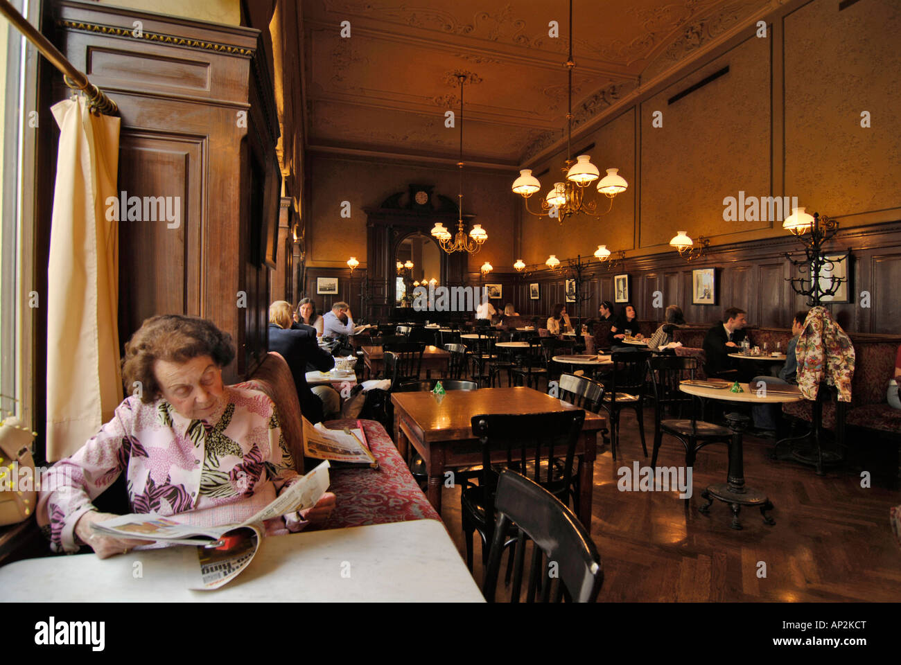 Ältere Dame, die Lektüre der Zeitung im Cafe Sperl, Wien, Österreich Stockfoto