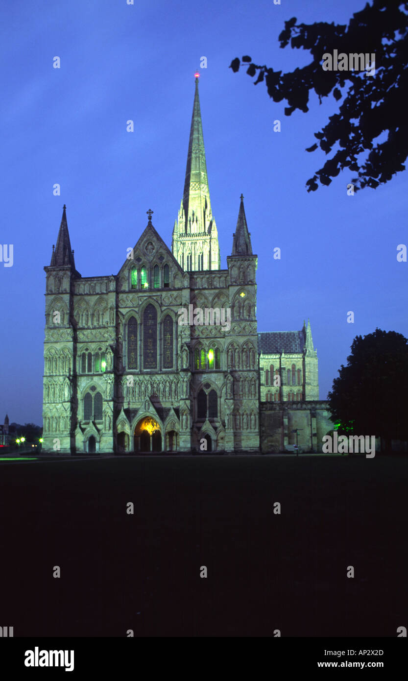 Salisbury Kathedrale bei Nacht, Salisbury, Wiltshire, England, UK Stockfoto