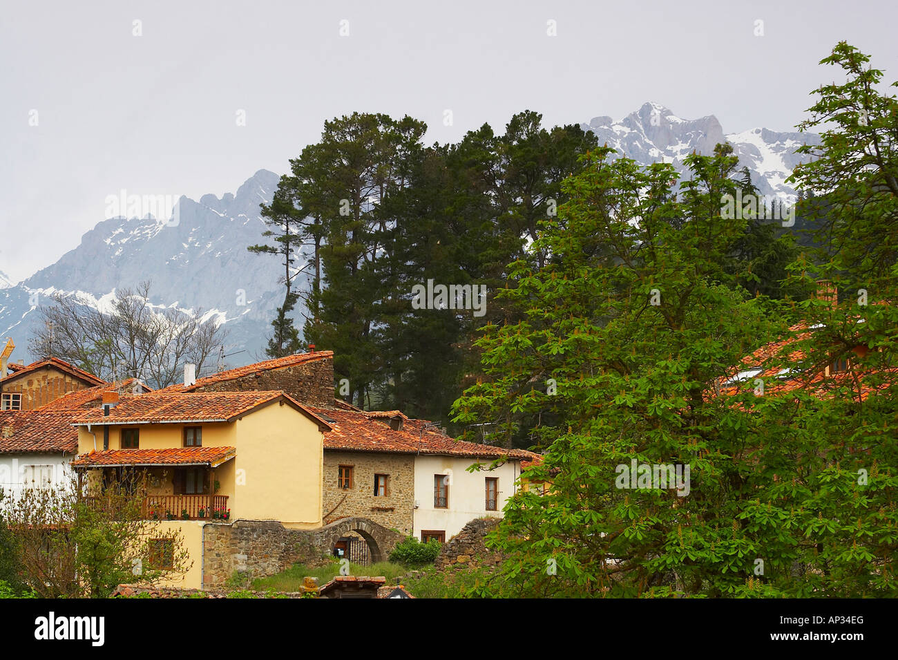 Landschaft mit typischen Häusern in Potes, Liébana, Picos de Europa im kantabrischen Gebirge Cordillera Cantábrica, Kantabrien, Stockfoto