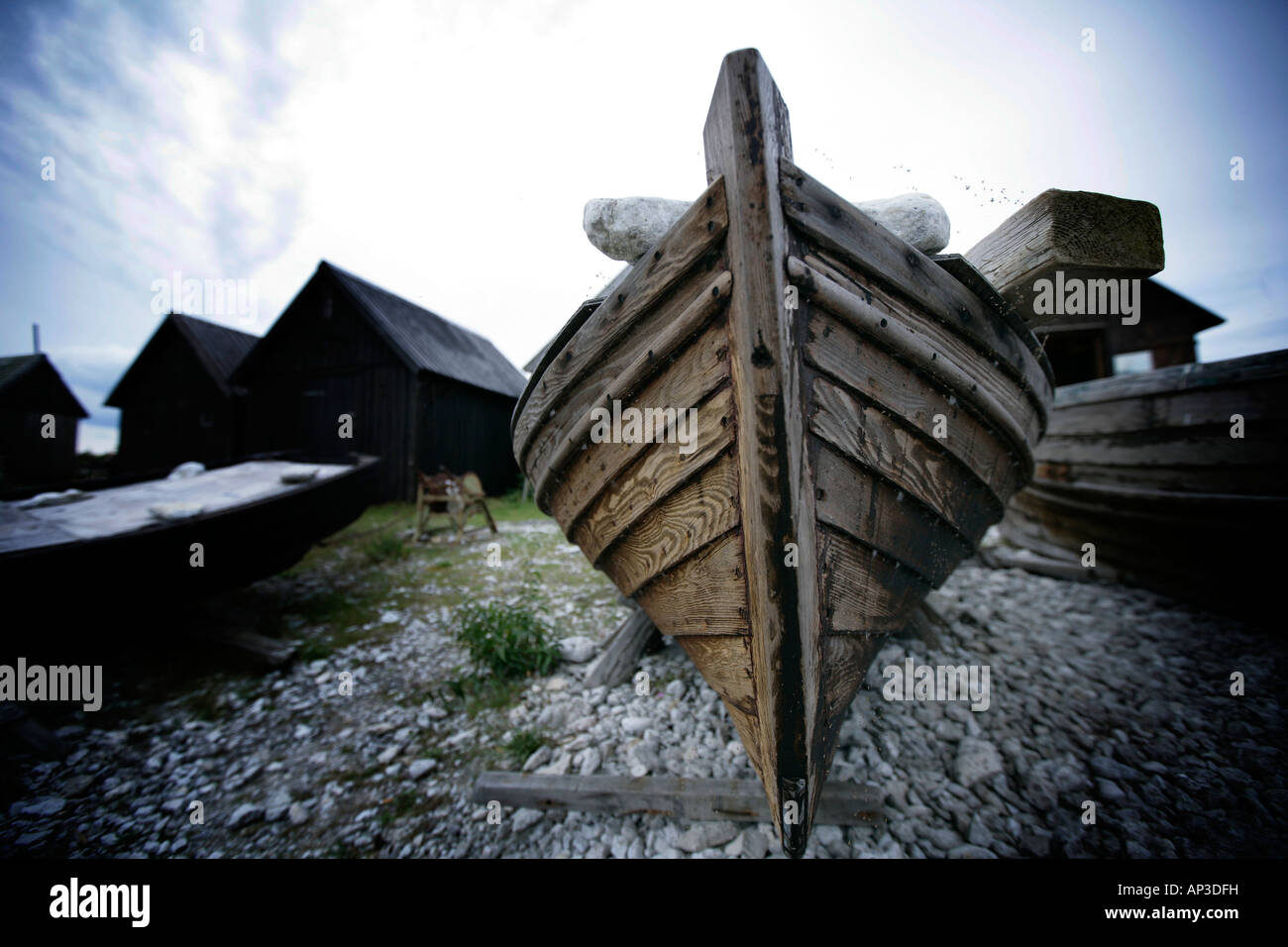 Alte Fischerei Boote und Hütten, Faro, Gotland, Schweden Stockfoto