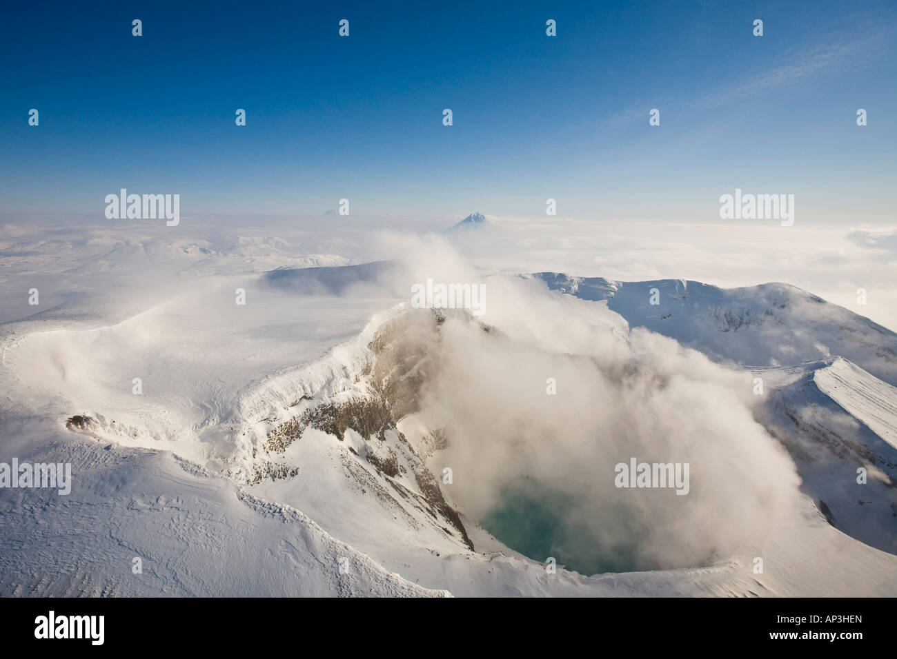 Kochende Säure See im Winter auf der Gorely Vulkan, Kamtschatka, Sibirien, Russland Stockfoto