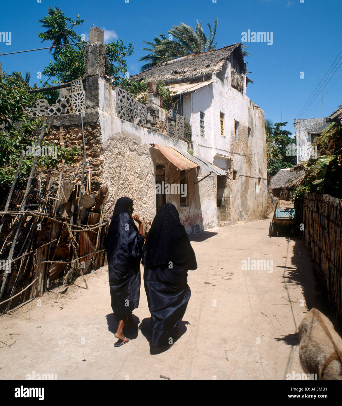 Arabische Frauen in traditioneller Kleidung in Lamu Town, Insel Lamu, Nordküste, Kenia, Ostafrika Stockfoto