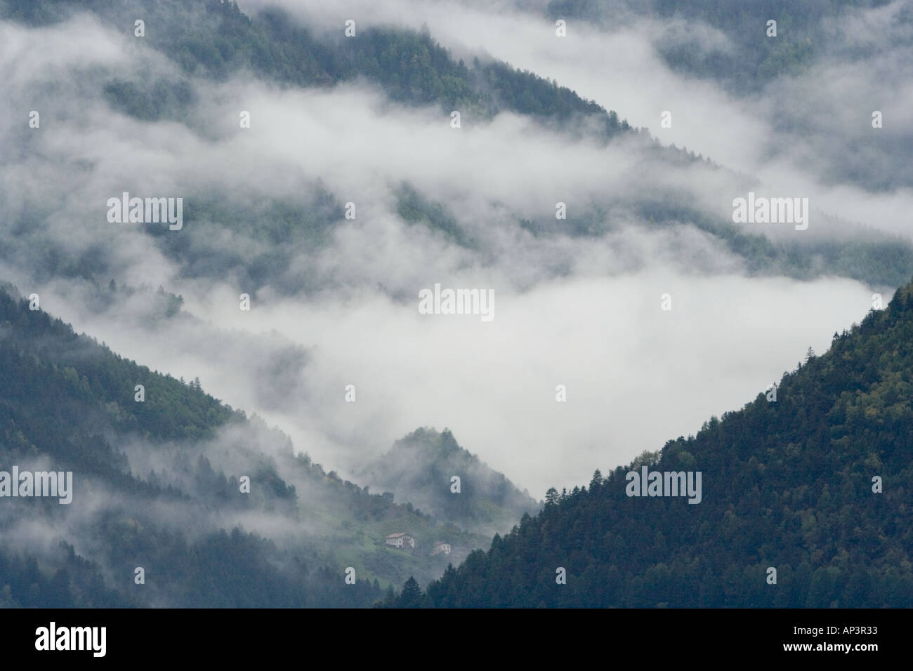 Niedrige Wolke im Martelltal, Val Martello, Alto Adige, Italien Stockfoto