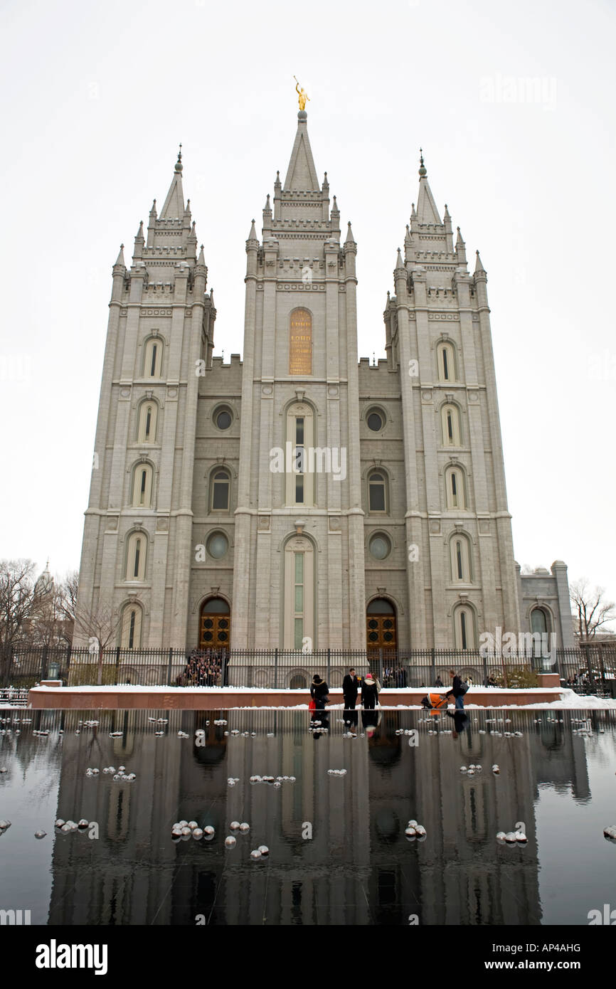 SLC LDS Tempel Reflexion. Kirche von Jesus Christ Of Latter-day Saints Salt Lake City, Utah. Stockfoto