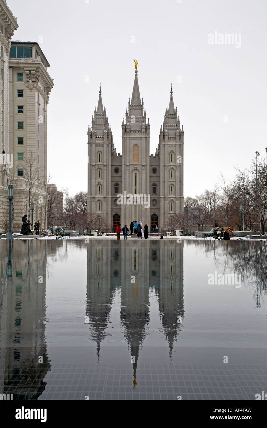 SLC LDS Tempel Reflexion und Sitz. Kirche von Jesus Christ Of Latter-day Saints Salt Lake City, Utah. Stockfoto