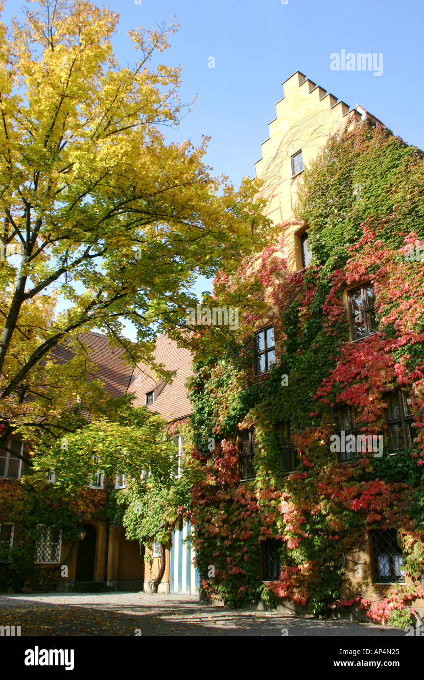 überwucherte Haus und Hof in die Fuggerei älteste Sozialsiedlung der Welt Augsburg Bayern Deutschland Stockfoto