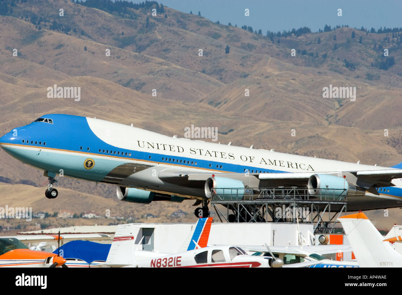 Air Force One ausziehen aus dem Boise Flughafen Boise, Idaho Stockfoto