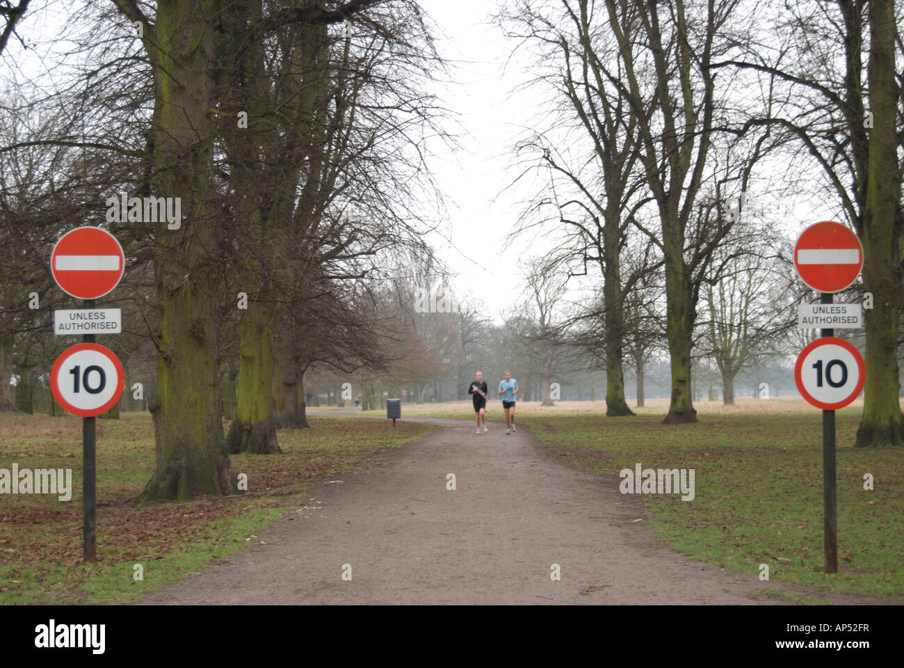 Auf Masten montiert, stehen britische Verkehrszeichen auf beiden Seiten einer Gasse in bushy Park, England, als zwei weibliche Jogger Ansatz Stockfoto