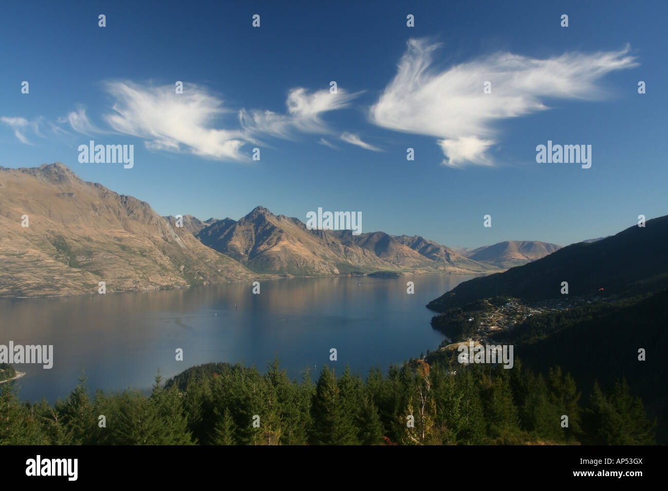 Lake Wakatipu und Queenstown von Queenstown Hill, Neuseeland Stockfoto