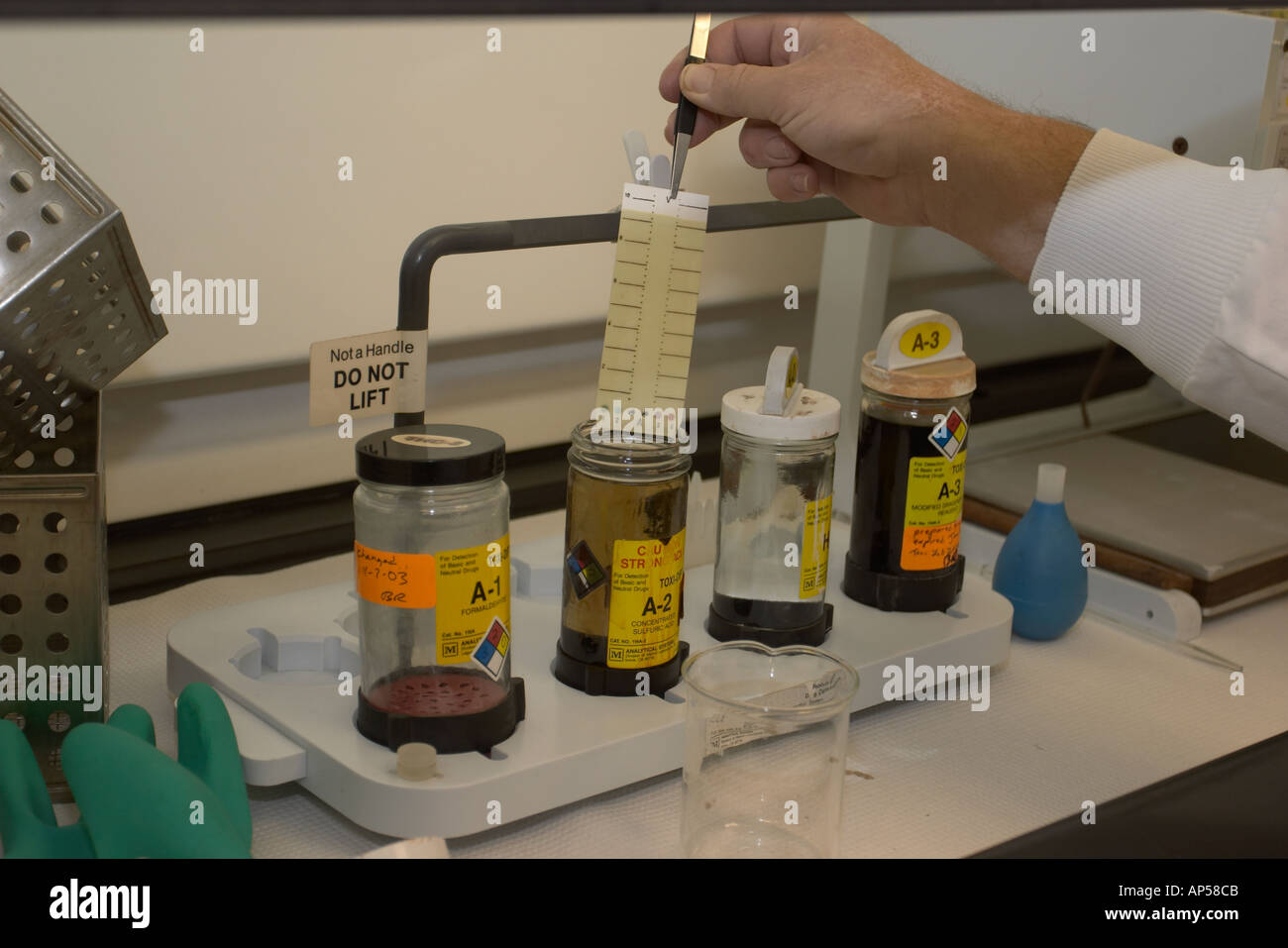 Toxikologe mit einem Tox-Dip um zu versuchen, Spuren von Giften in der Probe Nebraska State Patrol kriminaltechnische Labor bestimmen Stockfoto