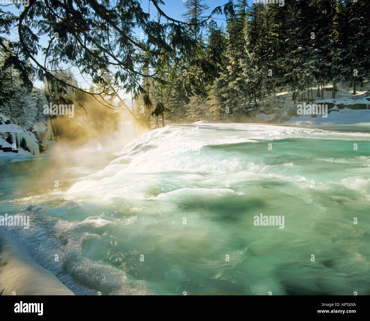 Eisige Kälte am McDonald Creek in Glacier Nationalpark Montana Stockfoto