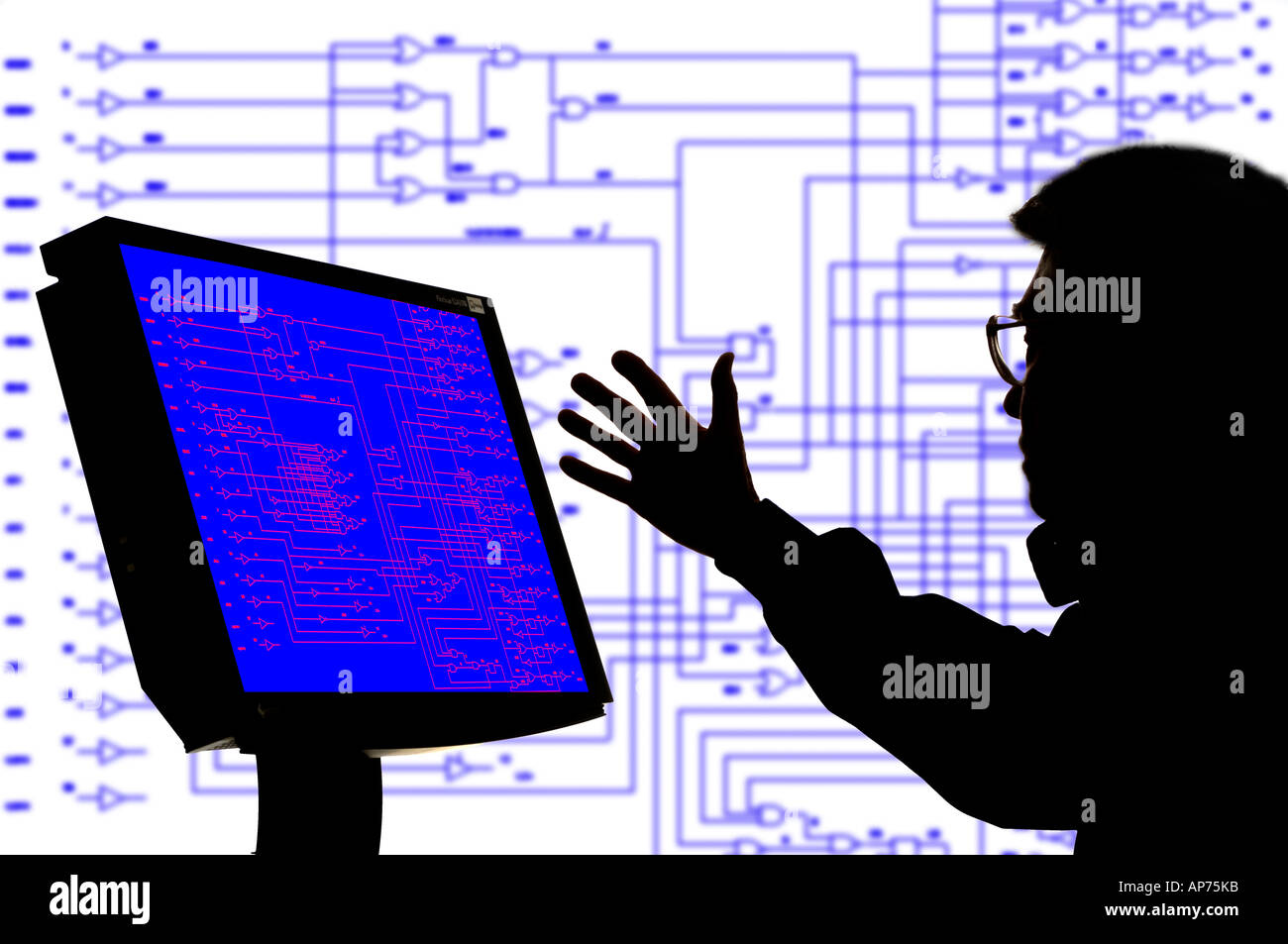 konstruieren Sie mit CAD engineering Leiterplatte Bild auf Monitor und Hintergrund Stockfoto