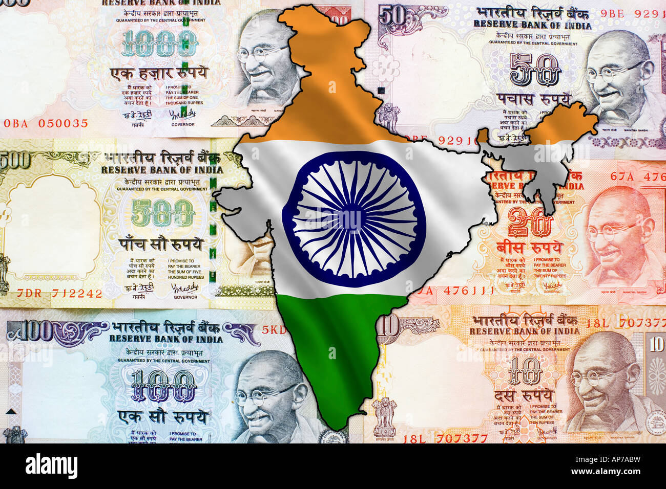 Indische Rupie Notizen mit einer Karte von Indien auf Sie Stockfoto