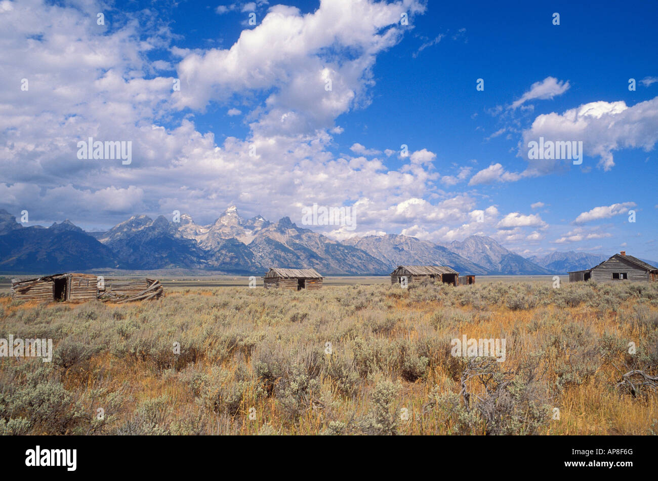 Kabinen auf Antelope Flats unter der Grand Tetons Grand Teton Nationalpark-Wyoming-Pionier Stockfoto