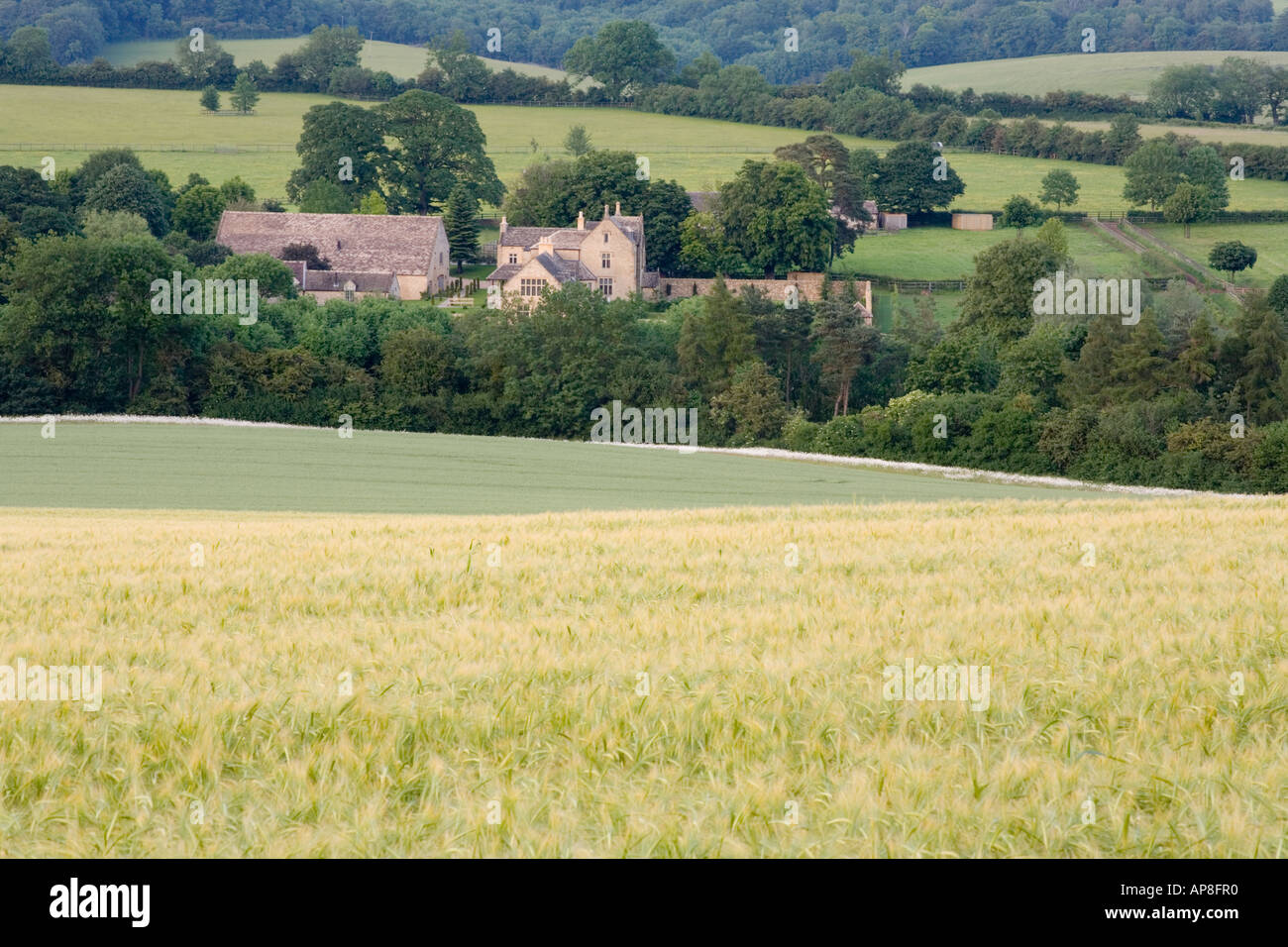 Am späten Abend Sonnenlicht fällt auf das Cotswold Gehöft der Castlett Farm in der Nähe von Guiting Power, Gloucestershire Stockfoto