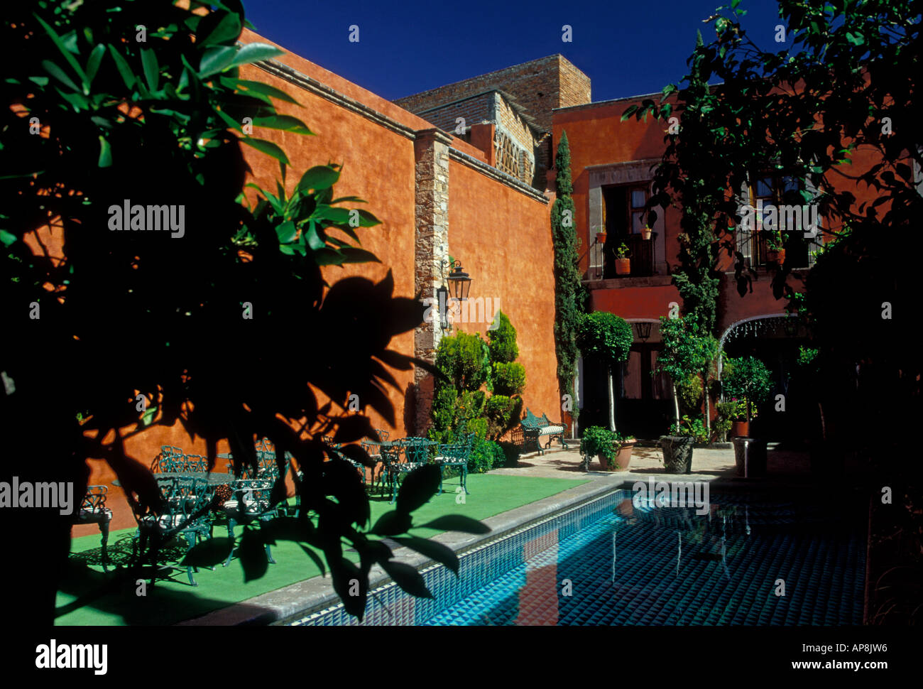 Schwimmbad, Hof, Hotel Meson de Santa Rosa, mexikanische Hotel, Stadt von Santiago de Querétaro, Santiago de Querétaro, Staat Querétaro, Mexiko Stockfoto