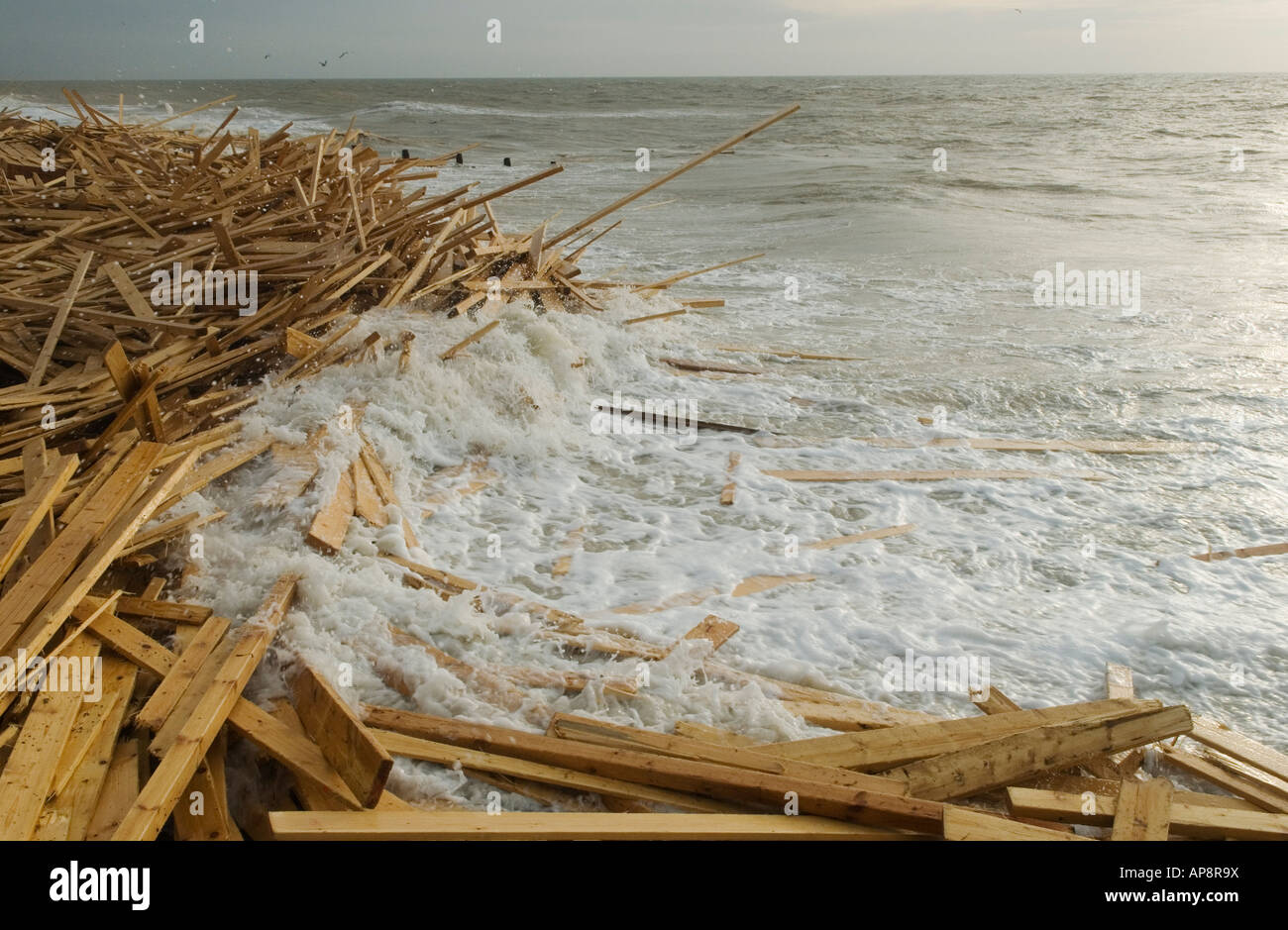 Beach Worthing West Sussex England Holzplanken des Frachters „Ice Prince“, der bei rauem Wetter am 15. Januar 2008 sank. 2000er Jahre Großbritannien Stockfoto