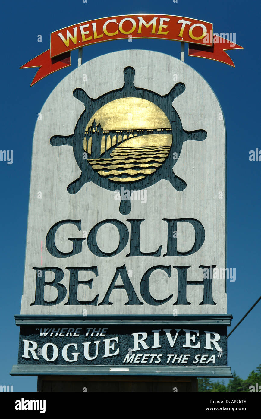 AJD51436, Gold Beach, OR, Oregon, Pacific Ocean, Pacific Coast Scenic Byway, RT, Route, Highway 101, Willkommen Schild Stockfoto