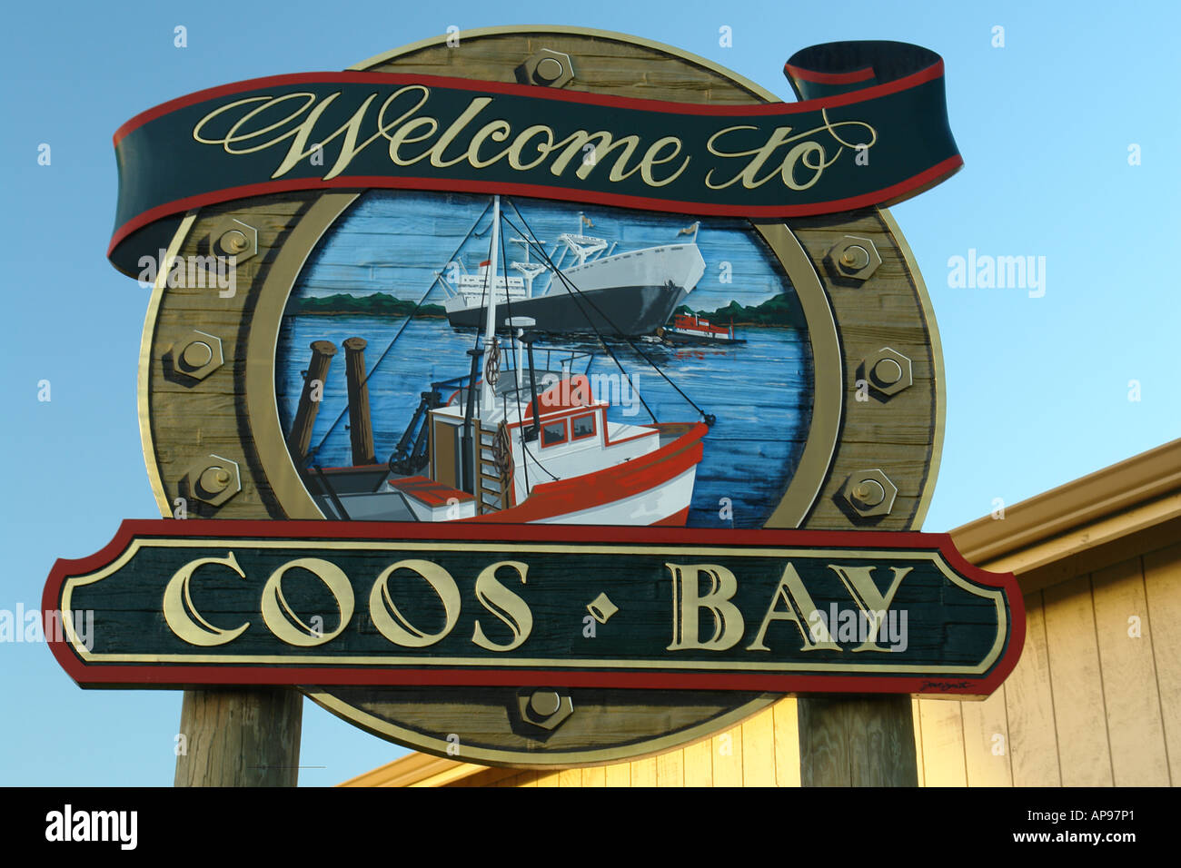AJD51496, Coos Bay, OR, Oregon, Pacific Ocean, Pacific Coast Scenic Byway, RT, Route, Highway 101, Willkommen Schild Stockfoto