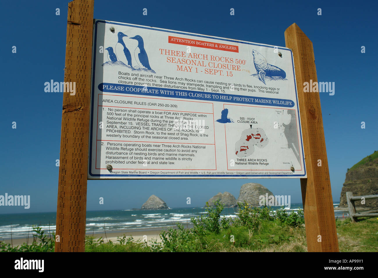 AJD51702, Oceanside, OR, Oregon, Pacific Ocean, Pacific Coast Scenic Byway, RT, Route, Highway 101, drei gewölbten Felsen, Schilder Stockfoto