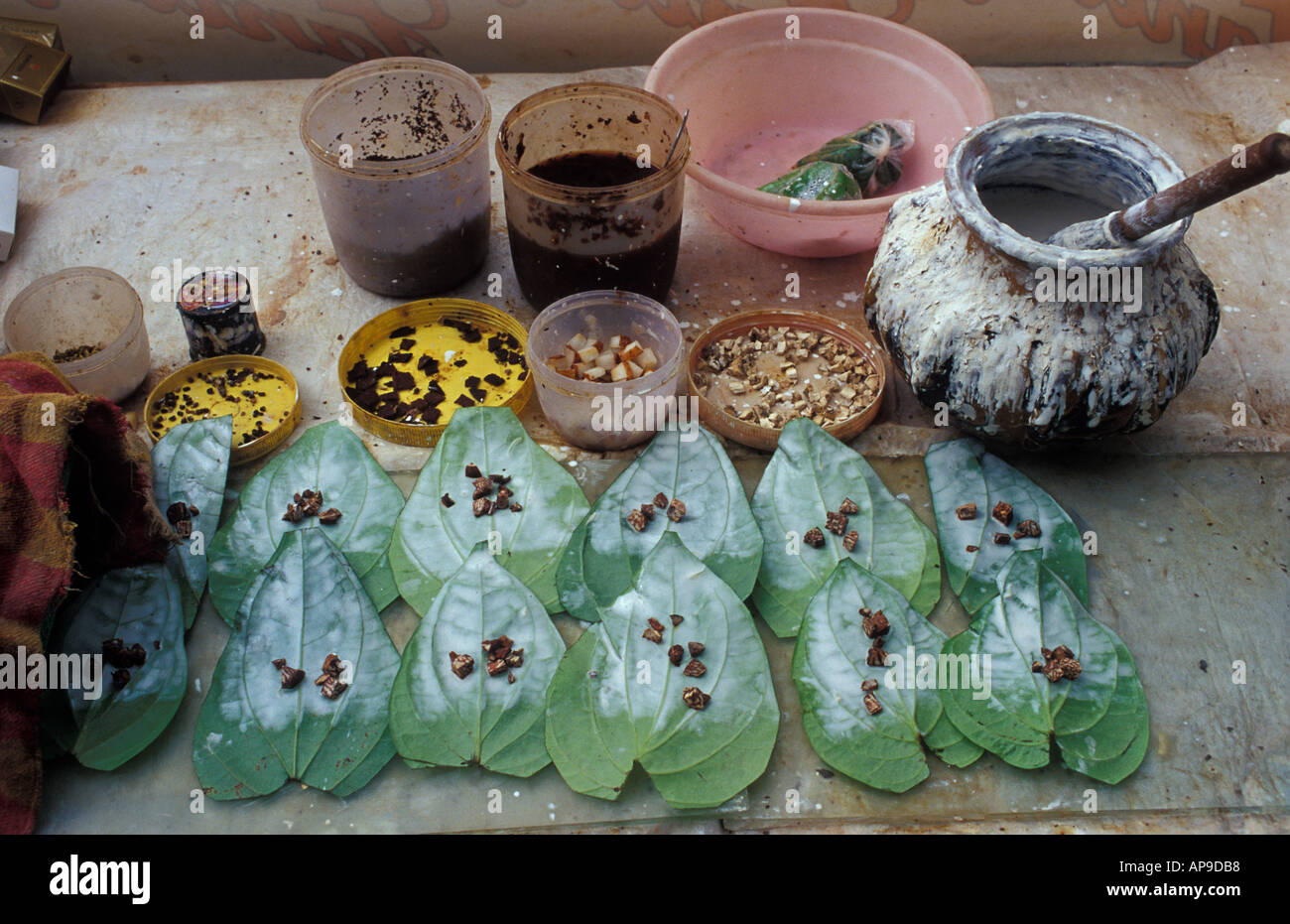 Betelnuss Utensilien Marktstand Taungboyone Burma Stockfoto