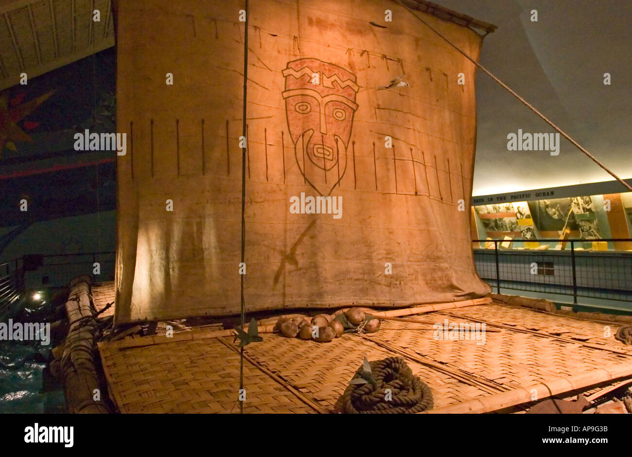 Segel und Deck Ra II Balsaholz Floß Kon-Tiki Museum Oslo Norwegen Stockfoto