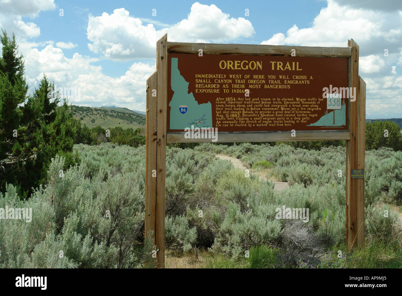 AJD50544, ID, Idaho, Oregon Trail, Holzschild, historische Markierung Stockfoto