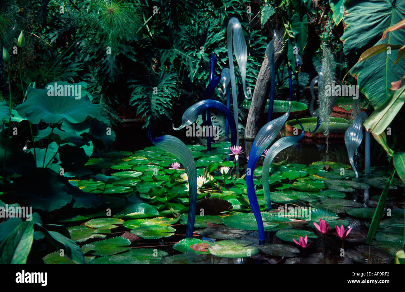 Seerosenteich mit Glas Skulptur, Kew Gardens, Surrey, England UK
