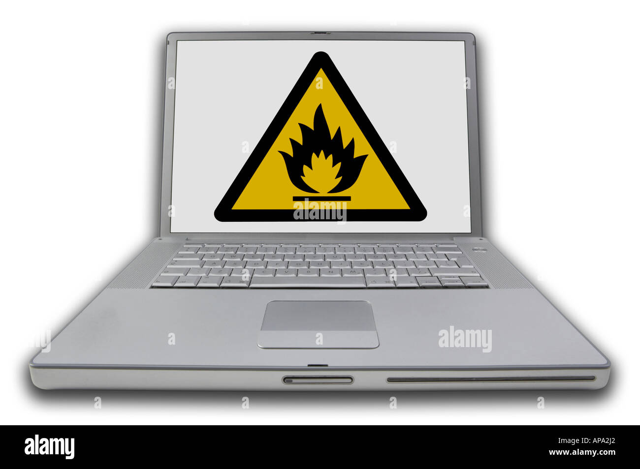LAPTOP MIT BILDSCHIRM GELB FEUER GEFAHR WARNZEICHEN MIT BLACK FLAME SYMBOL Stockfoto