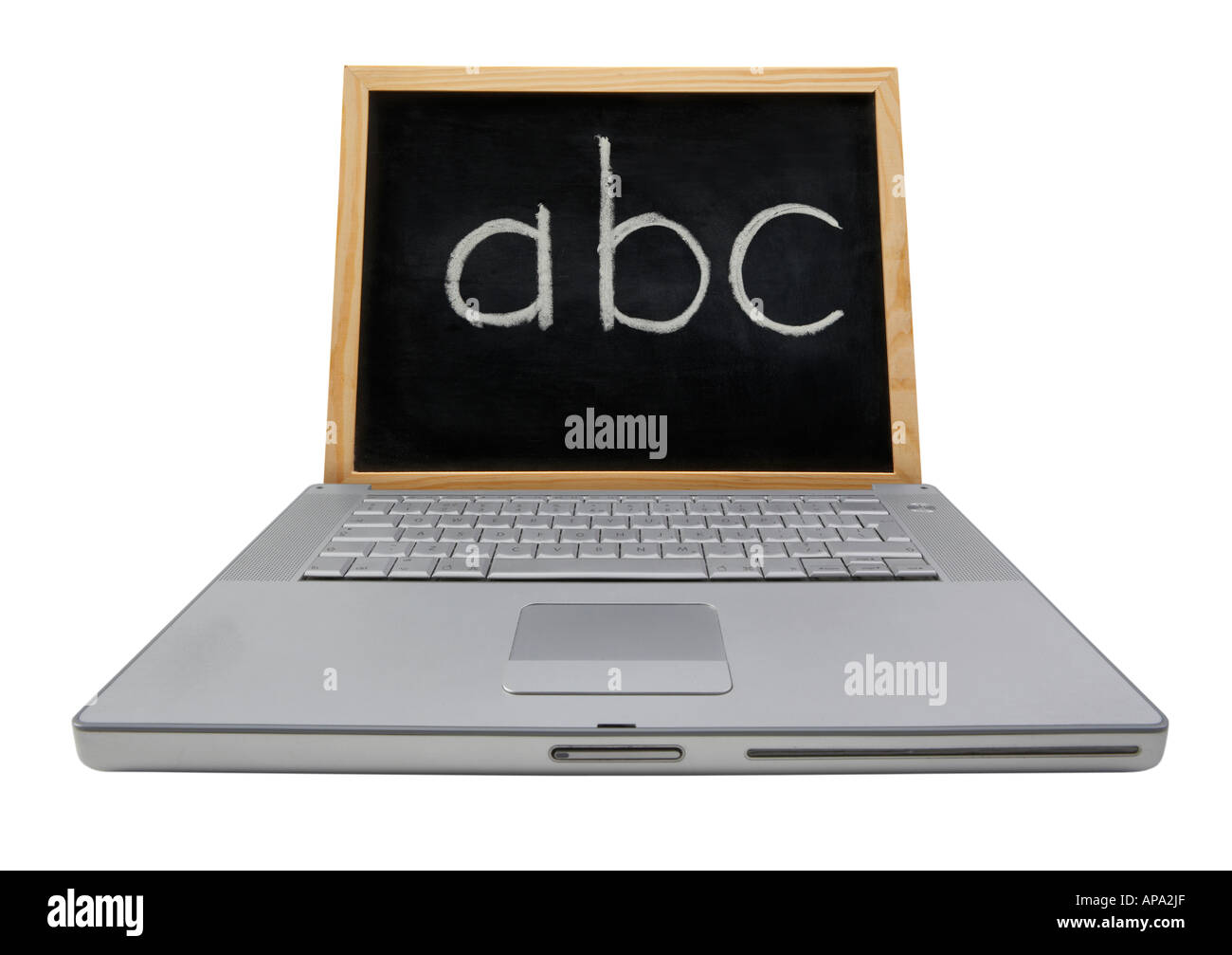 PERSÖNLICHEN LAPTOP NOTEBOOK MIT BLACKBOARD STATT BILDSCHIRM MIT DEM BUCHSTABEN A B C MIT KREIDE GESCHRIEBEN Stockfoto