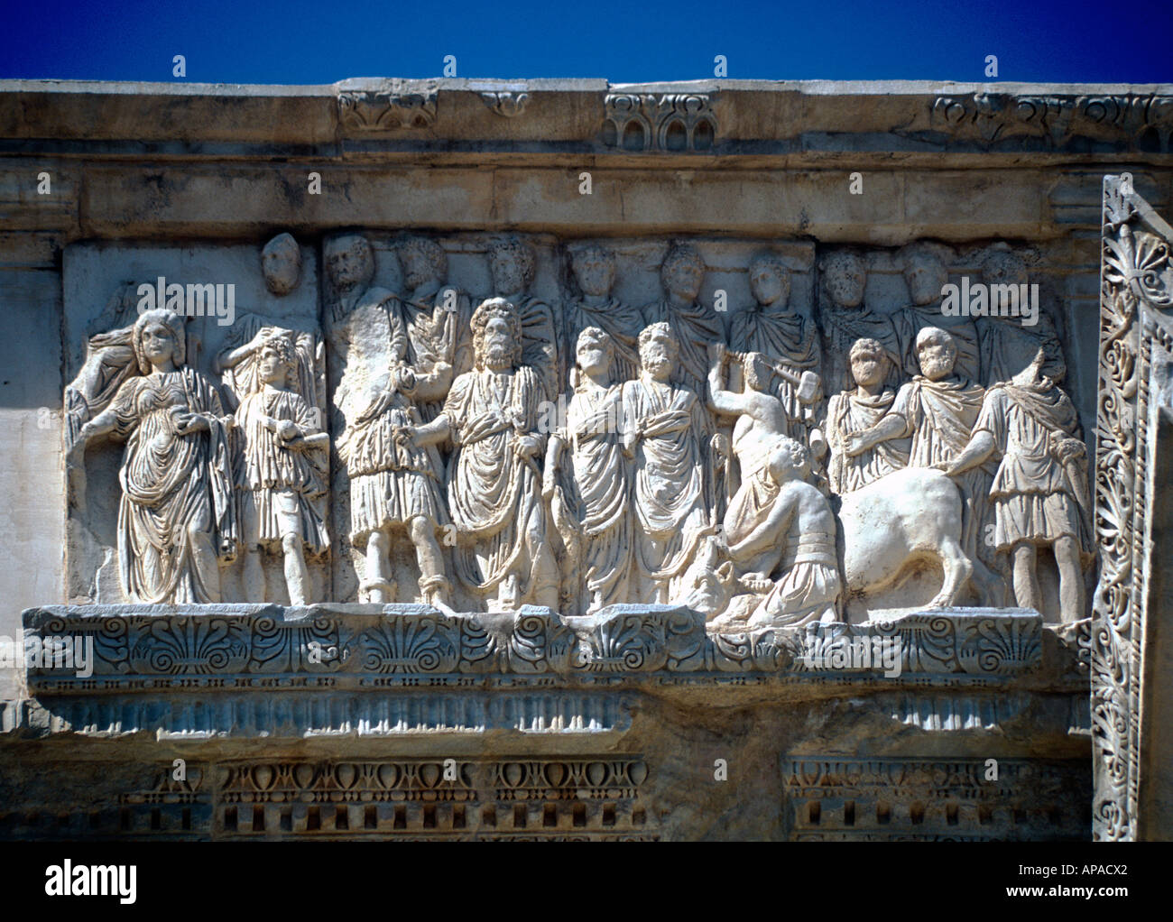 Triumphbogen des Septimius Severus, Leptis Magna, Libyen, Detail der figürlichen Plastik Stockfoto
