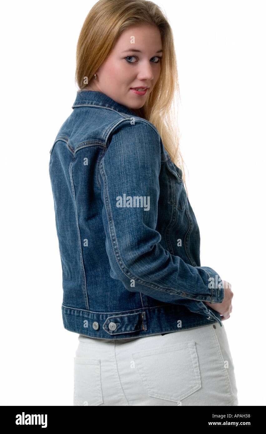 Seitenansicht des kaukasischen Teen Mädchen tragen blaue Jean Jacke USA  Stockfotografie - Alamy