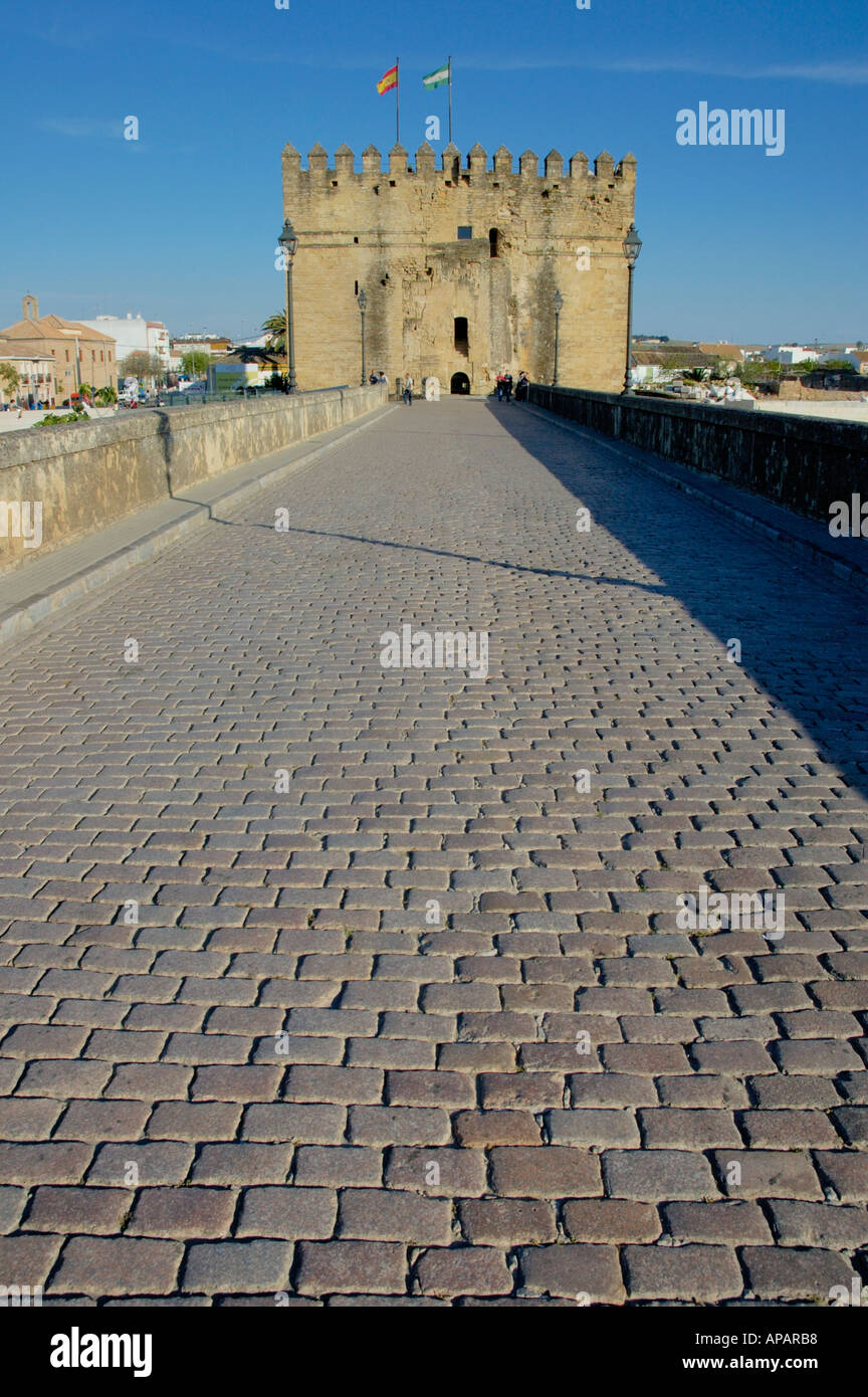 Blick auf die römische Brücke über den Fluss Guadalquivir und der Turm Calahorra, Cordoba, Andalusien, Spanien. Stockfoto