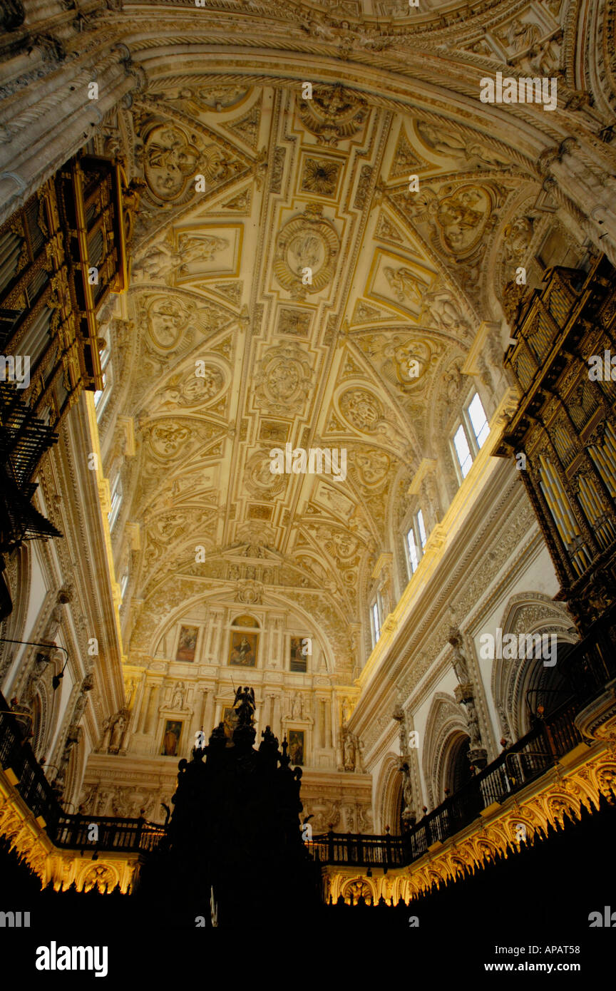 Reich verzierte Decke und Kirchenorgeln in der Catedral de Cordoba, einer ehemaligen mittelalterlichen Moschee, Córdoba, Andalusien, Spanien. Stockfoto