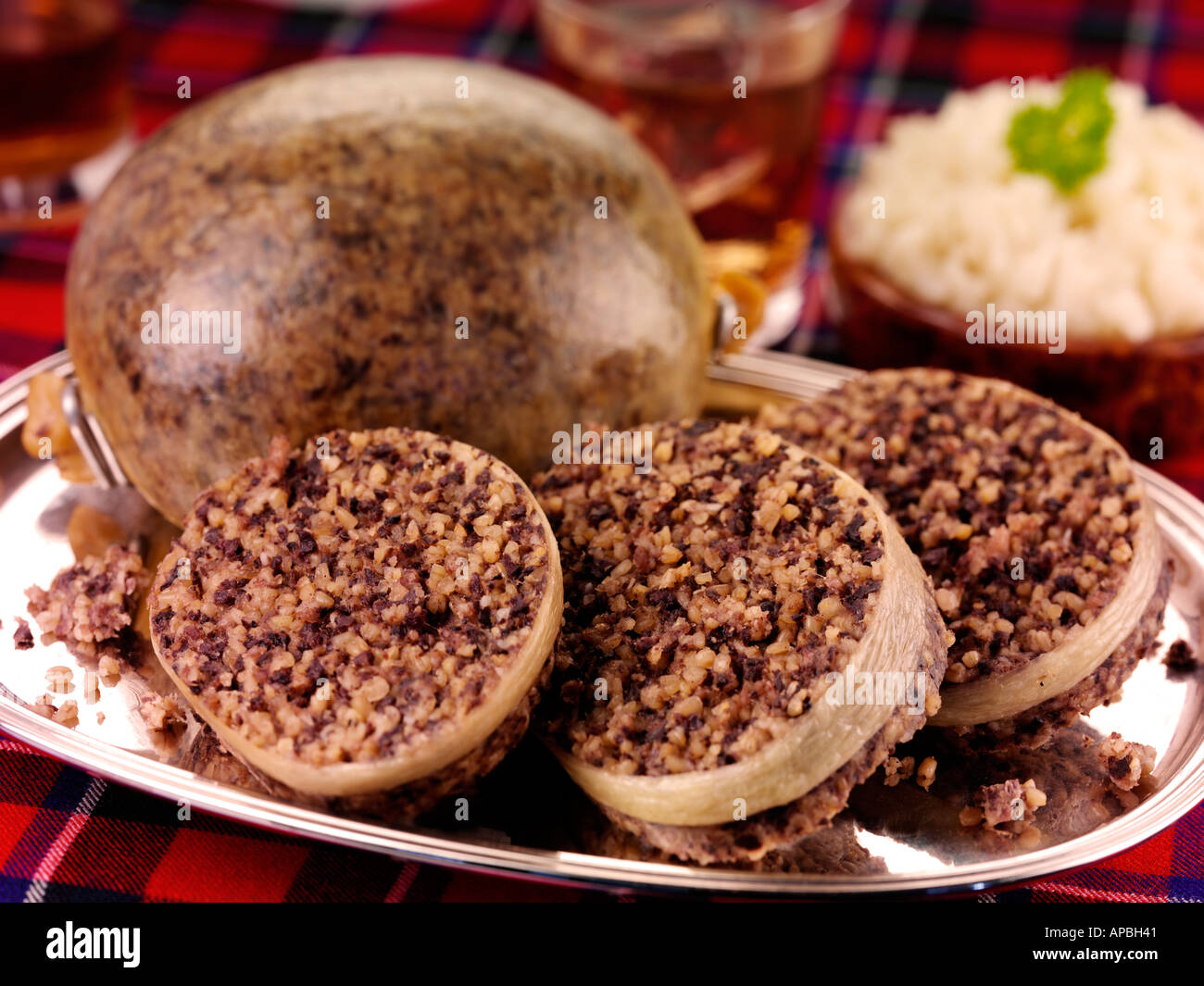 SCHOTTISCHE HAGGIS / NACHT BRENNT Stockfoto