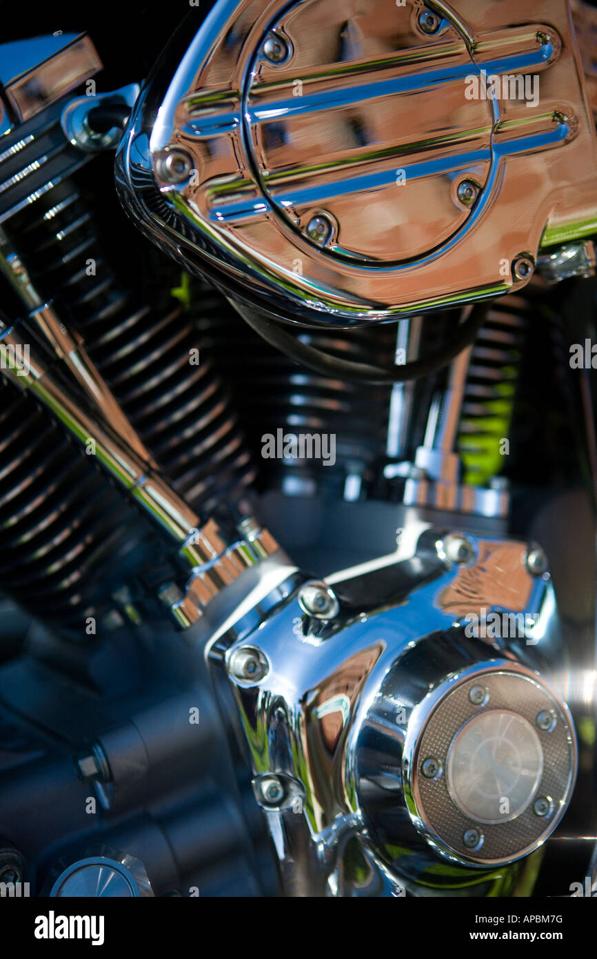 Nahaufnahme der glänzenden Chrom Motor einer Harley Davidson Stockfoto