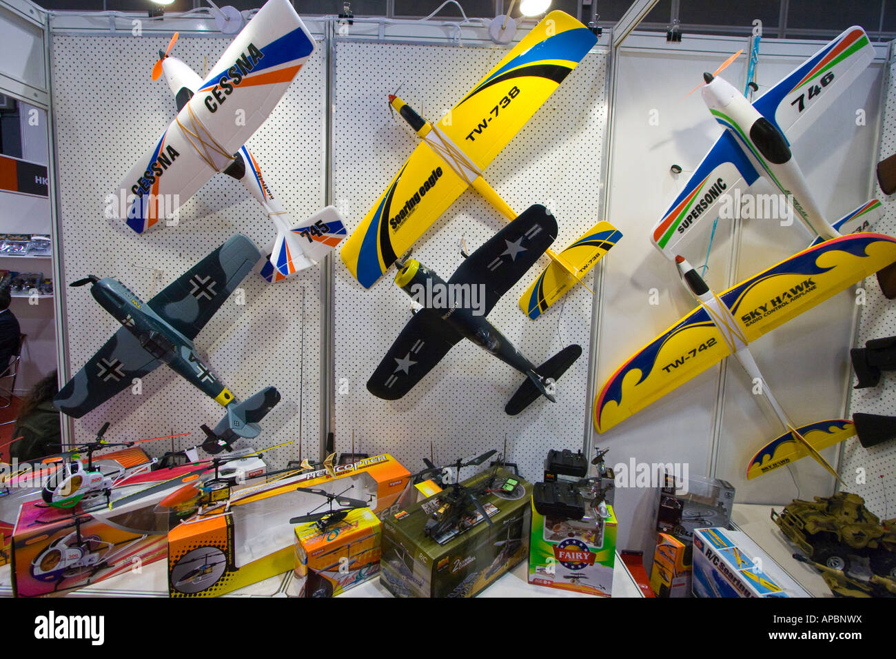 Fernbedienung-Miniatur-Flugzeuge an Spielzeug und Spiele Fair Hong Kong Convention and Exhibition Centre Stockfoto