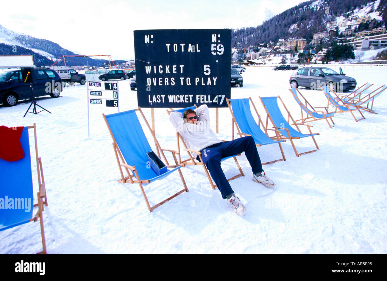 Cricket-Anzeiger über die zugefrorenen See, St. Moritz, Schweiz Stockfoto