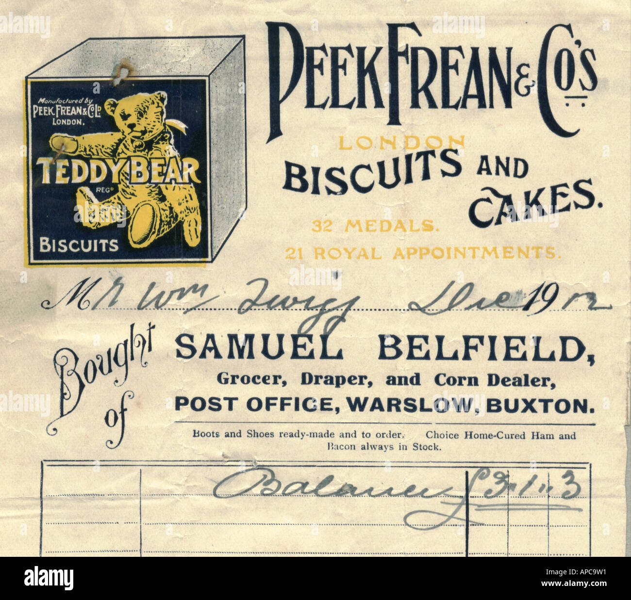Billhead Werbung Peak Frean Teddy Bear Biscuits 1912 Stockfoto