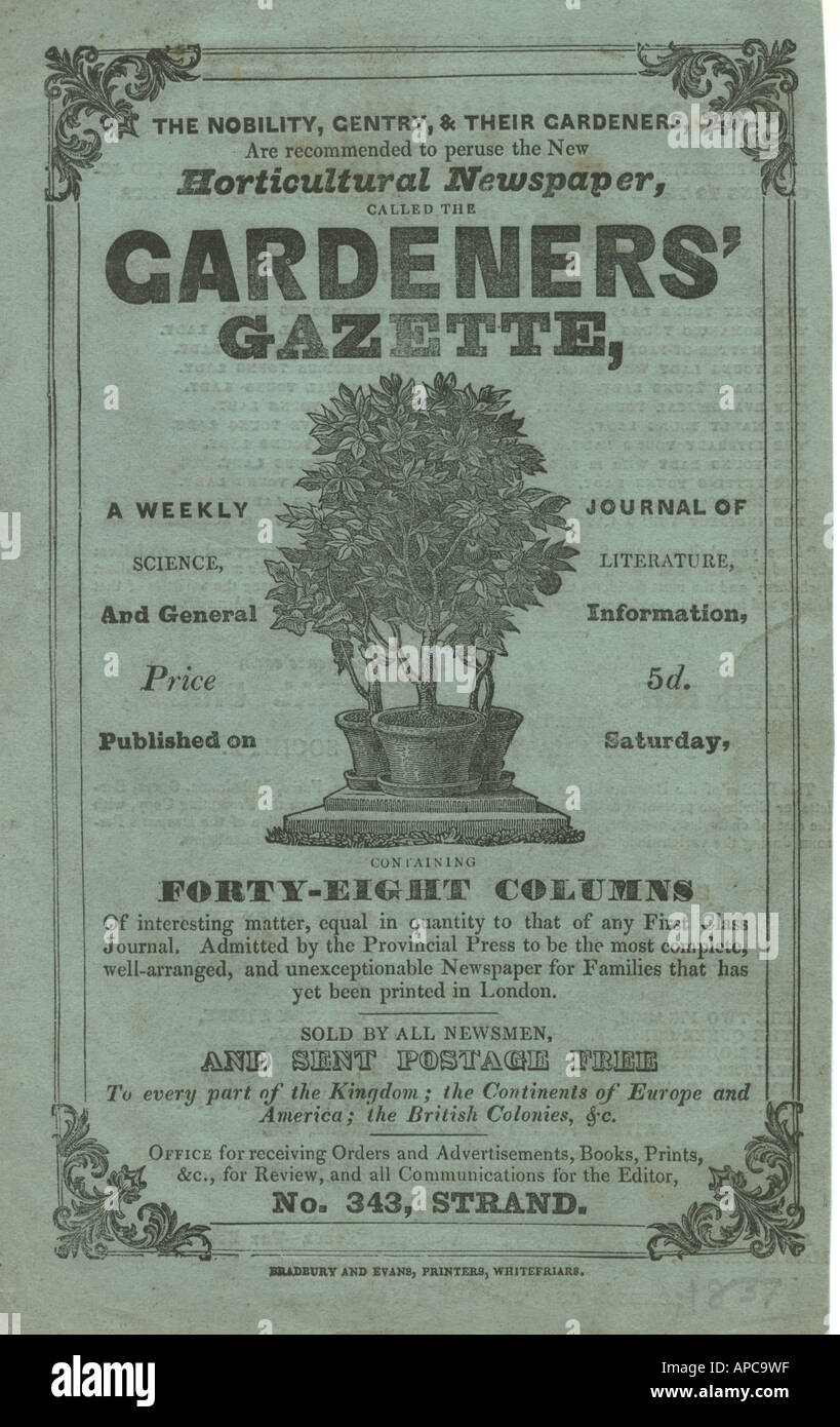 Werbung-Merkblatt für Gardeners' Gazette 1837 Stockfoto