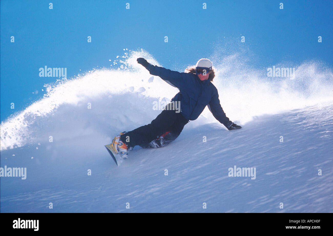 Weibliche Snowboard Action, Jenny Jones am ChamJam 2002, Chamonix, Frankreich Stockfoto