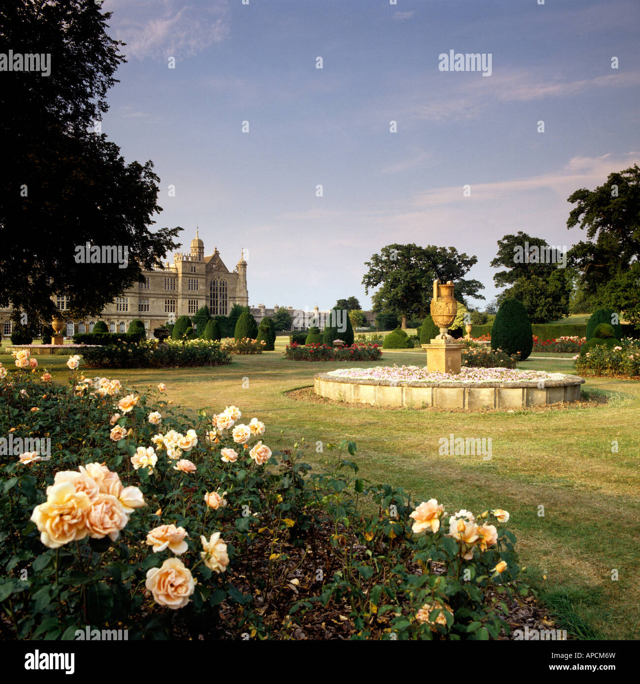 Rosenbeet in Gärten der englischen Herrenhaus Stockfoto