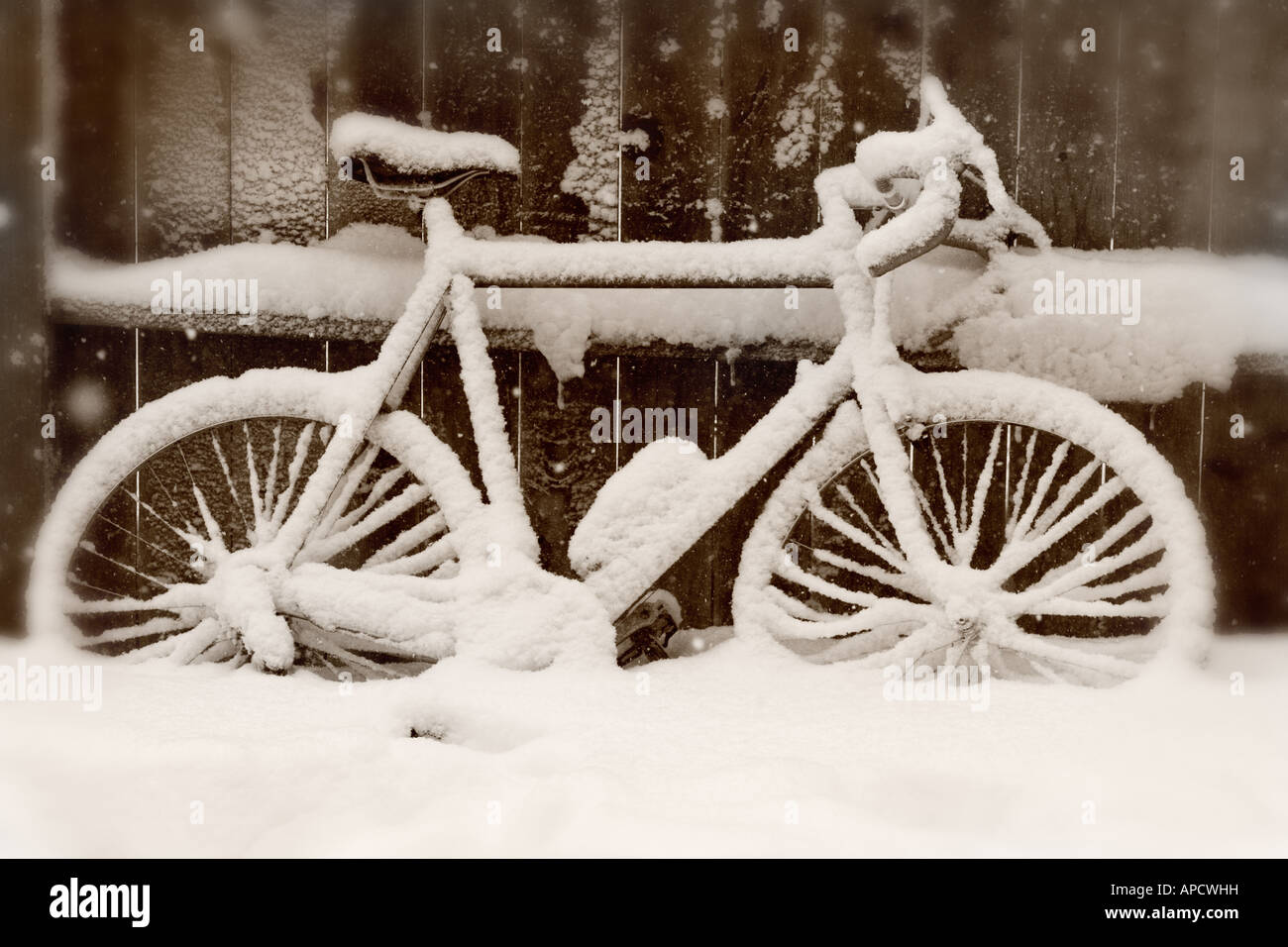 Ein Fahrrad mit Schnee neben einem Zaun bedeckt. Stockfoto