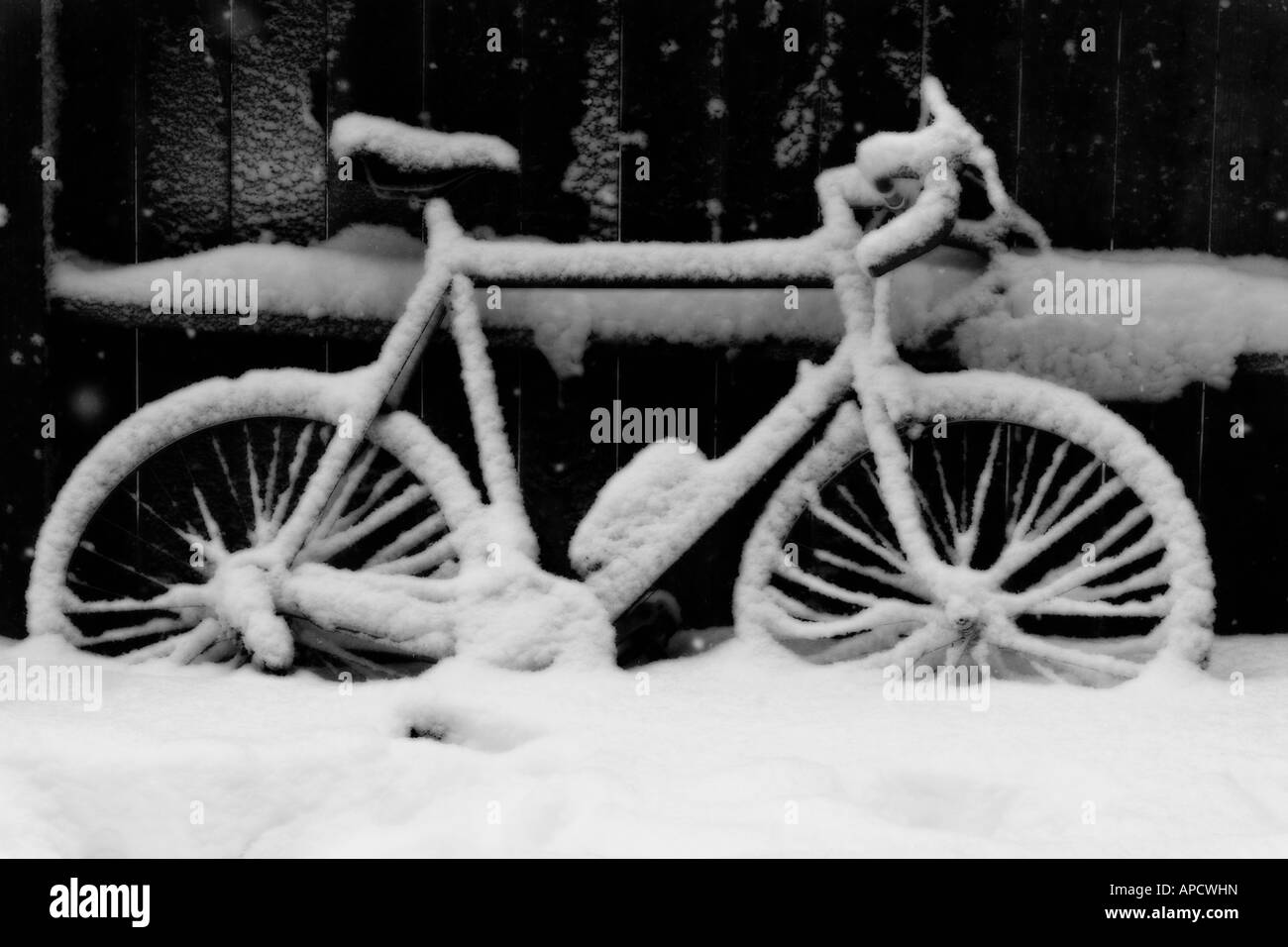 Ein Fahrrad mit Schnee neben einem Zaun bedeckt. Stockfoto