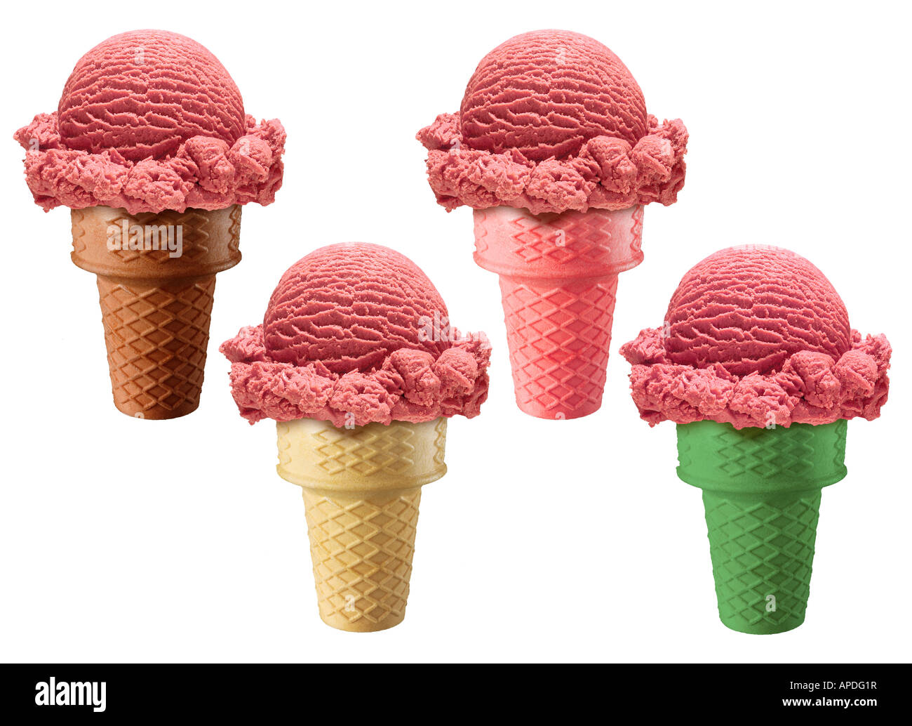 4 verschiedene Erdbeer Eiscreme-Kegel Stockfoto
